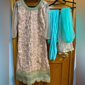 Elegant Pink and Gold Embroidered pajama suit with Blue Dupatta